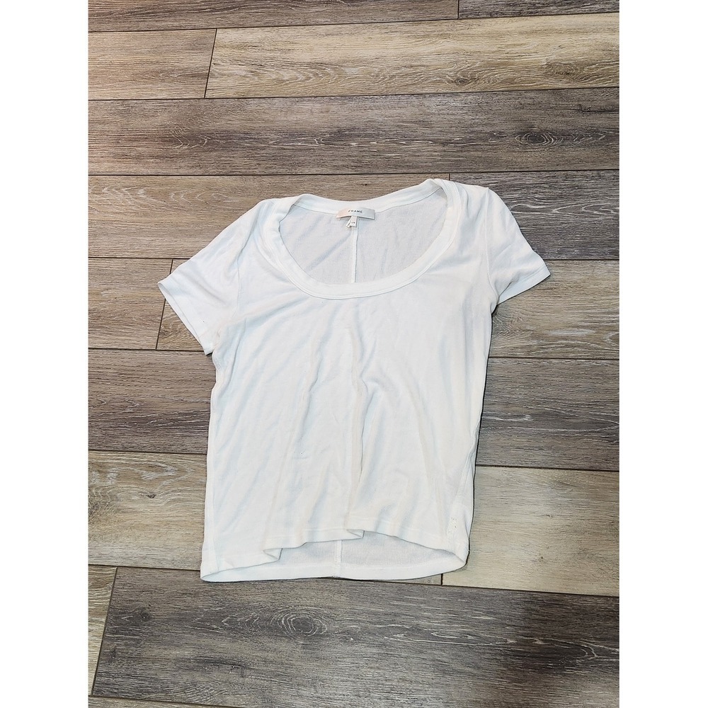Frame Denim Ribbed White Scoop Neck Short Sleeve Tee - Lightweight Basic Size L